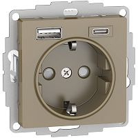 Розетка с заземлением +2xUSB тип A+C без рамки Systeme Electric AtlasDesign 1-м. шампань картинка